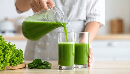 Woman Pours Bright Green Healthy Smoothie From Glass Pitcher Into Two Glasses On A Kitchen Counter With Fresh Lettuce And Spinach Leaves Nearby Natural Morning Light Illuminates The Scene
