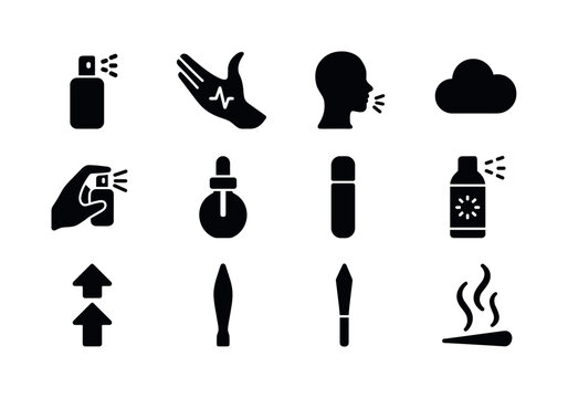 Perfume Icon Set. Perfume application. Solid icon set of perfume application: spray bottle, pulse points icon, wrist icon, neck silhouette, mist cloud,