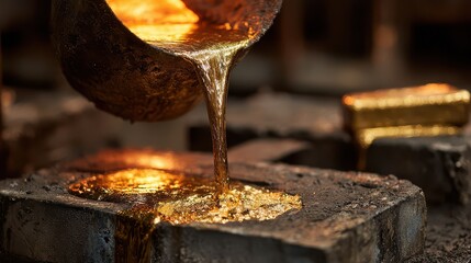 Liquid gold is poured into molds at a foundry during the day as workers create gold bars through alloy casting processes