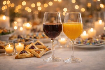 Elegant Table Setting Featuring Two Glasses of Wine Amidst Twinkling Candles and Delectable Appetizers for a Celebratory Occasion