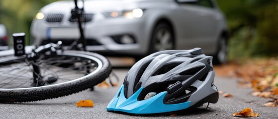 A blue and white cycling helmet rests on a concrete surface with a car's headlights shining in the background during the night