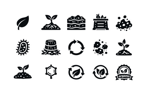 Organic Carbon Icons. Organic carbon. Solid icon set of organic carbon: leaf icon, plant root, soil layer, compost bin, microorganism, biomass icon, nutrient