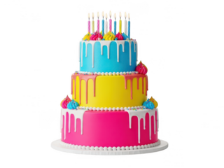 Celebratory multi-tiered birthday cake with colorful icing and decorations isolated on transparent background