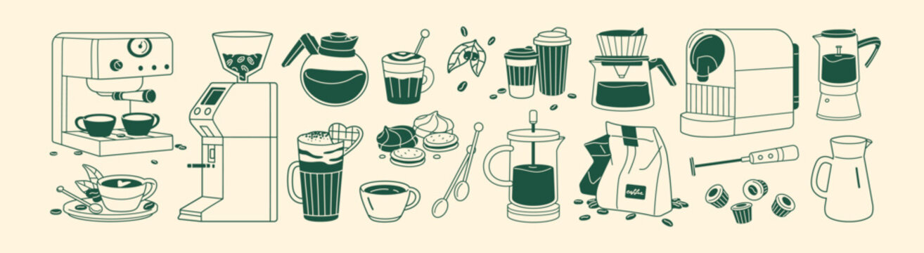 Set of coffeehouse items. Different coffeeshop appliances, drinks and desserts. Coffee machine, teapots, paper cups and mugs of hot beverages, doughnuts. Flat isolated outline vector illustrations