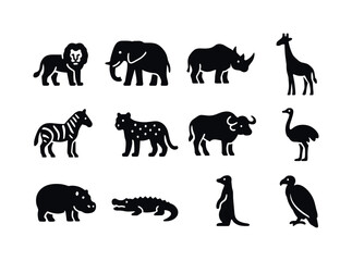 Fototapeta premium African Wildlife Icons. African Wildlife. Solid icon set of African Wildlife: lion, elephant, rhino, giraffe, zebra, leopard, buffalo, ostrich,