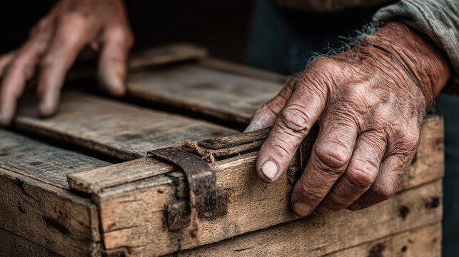 Hands of an older person working with a wooden box in a workshop during daylight hours, showing wear from years of labor - Powered by Adobe