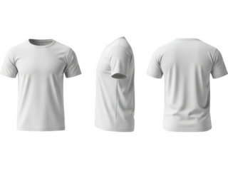 A comprehensive view of a plain white t-shirt from front, back, and side angles isolated on transparent background