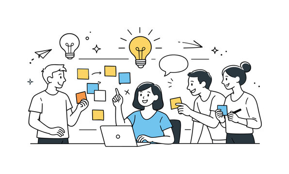 Creative Teamwork Session. Creative teamwork session. Young colleagues brainstorming with sticky notes and lightbulb icons. Idea sharing, positivity, and