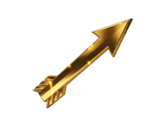 Elegant golden arrow pointing skyward isolated on transparent background