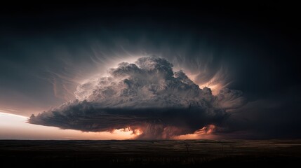 Large dark cloud formation with lightning at sunset over open field in rural area during evening