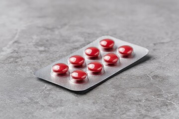 Red pills in a blister pack on a textured grey background
