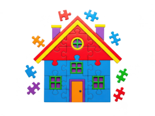 Colorful puzzle pieces forming a playful house isolated on transparent background