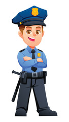 Friendly police boy standing with arms crossed. Vector cartoon character illustration