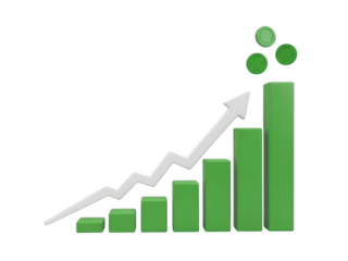 Growing bar graph with upward arrow and floating data points isolated on transparent background
