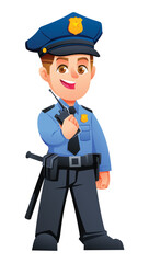 Young boy police officer in uniform holding a walkie talkie radio transmitter. Vector cartoon character illustration
