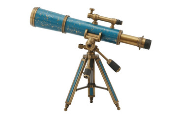 Vintage Antique Telescope on a Tripod blue gold isolated on a transparent background