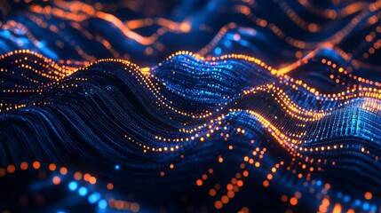 A vibrant digital landscape of glowing orange and blue dots forming wavy patterns on a dark background