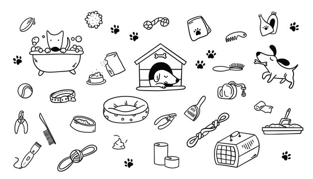 A large set of doodles with accessories for pet care. Pet shop, veterinary medicine, love for animals.