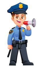 Enthusiastic boy police officer using a megaphone to give public announcements. Vector cartoon character illustration