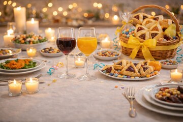 A Festive Celebration Table Overflowing with Delicious Treats, Colorful Candies, and Elegant Drinks, Creating a Warm and Inviting Atmosphere