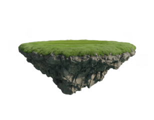 Floating Island with Green Grass and Rocky Base cliff isolated on a transparent background