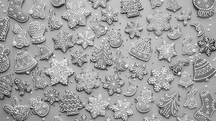 Gingerbread Cookies Decorative Flatlay Gray. Holiday Baking Overhead Monochrome Texture