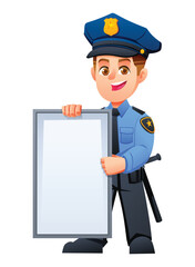 Cute boy police officer standing and holding a large blank white board for text. Vector cartoon character illustration