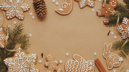 Gingerbread Cookies Festive Flatlay Brown. Christmas Baking Overhead Cozy Background