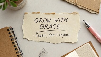 Torn paper rejoined with inspirational message Grow With Grace