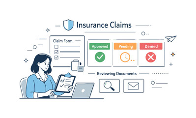 Efficient Claims Processing. Insurance claims processing. Administrator checking claim documents and approval status cards on a digital interface. Feeling of