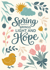 Obraz premium Vintage springtime poster with lettering in flat textured style. Chick, tulips and leaves in pastel colors. Easter card