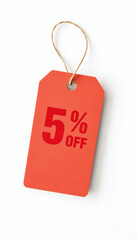 Red price tag with 5 percent off discount on white background  