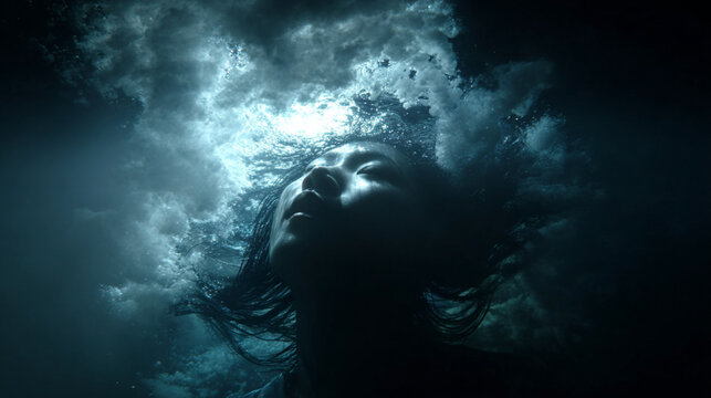 Asian woman emerging from the sea bottom to the dark water surface at night, hair wave around in the water mass dramatically. Night, illuminated by dramatic moonlight and fog.