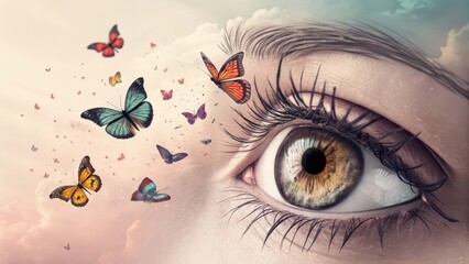 Butterflies flying from open eye symbolizing imagination and dreams