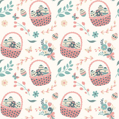 Spring seamless pattern with basket of easter eggs and flowers. Pastel background for easter design, fabric and gift wrap.