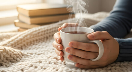 Hands holding a steaming mug of hot tea or coffee on a knitted b