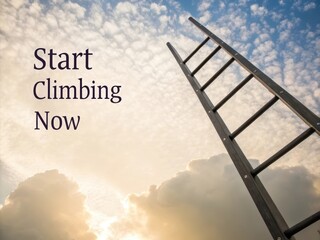 Ladder reaching towards bright sky with inspirational text