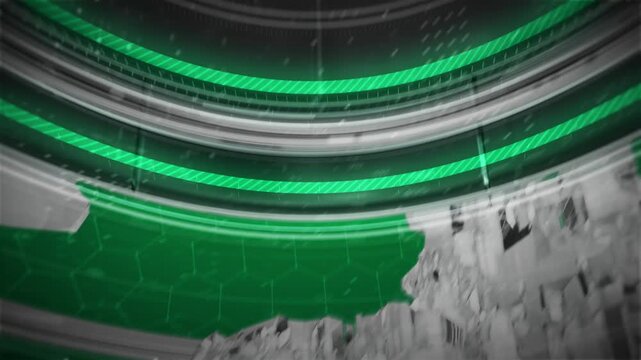 Dynamic 3D news broadcast intro featuring a rotating stylized globe, spinning rings, and digital HUD elements on a dark sport green background with the text NEWS