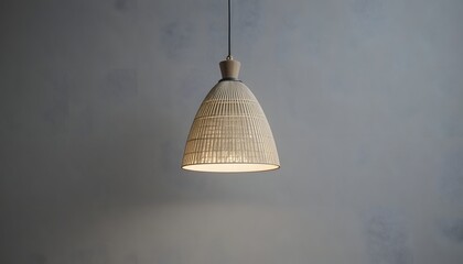 Elegant pendant light with woven shade against gray wall