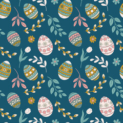 Springtime seamless pattern with easter eggs and spring flowers. Hand drawn floral holiday dark background