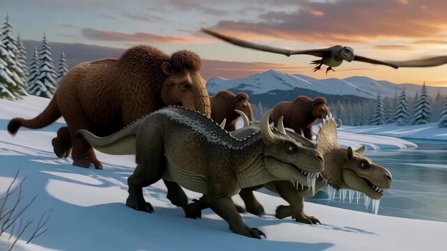 Herd of woolly mammoths and horned dinosaurs walk through deep snow along frozen river bank while large pterodactyl flies overhead during vibrant winter sunset in prehistoric mountain wilderness