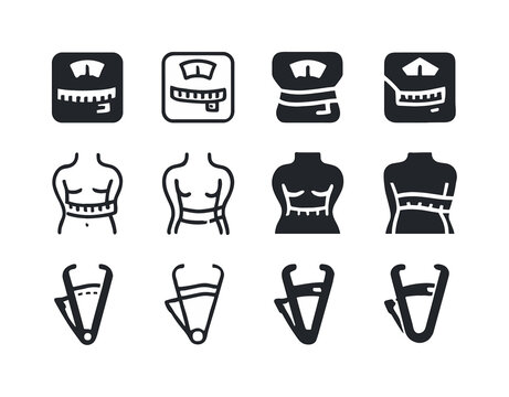Fitness Logo Icons. Fitness assessments and body measurements. Icon set. Set Logo of fitness assessments and body measurements: body scale. harmonious logo