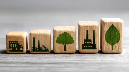 Wooden block with green icons a wooden block featuring prominent green icons offering a visual representation of abstract symbols or concepts