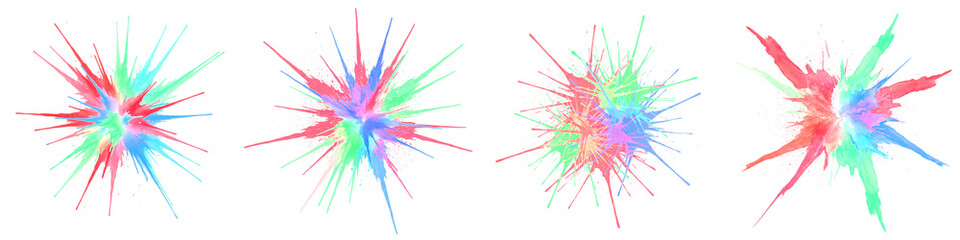 Dynamic set of four colorful paint explosions and powder splashes in vibrant red blue green and yellow isolated on transparent background