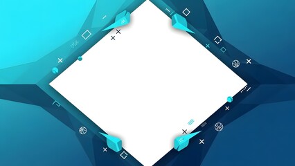 A futuristic blue abstract geometric frame, composed of sharp polygonal shapes, elegantly surrounding a clean, bright white rhombus in the center.