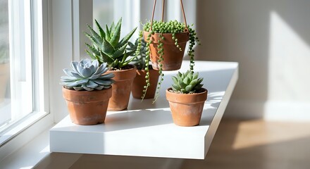 Fototapeta premium Small succulent plants in terracotta pots arranged on white windowsill with natural sunlight creating shadows for home decor and gardening concepts.