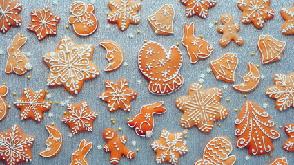 Christmas Gingerbread Cookies Decorative Flatlay. Holiday Baking Overhead Blue Background