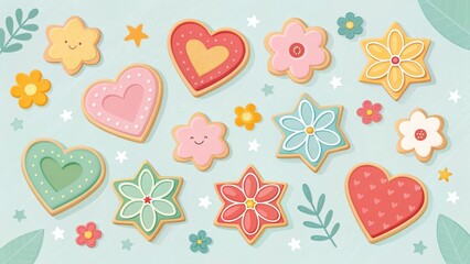 Assorted heart flower and star shaped cookies with icing