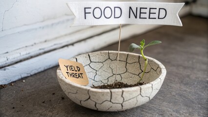 Small plant growing in cracked bowl with food need banner