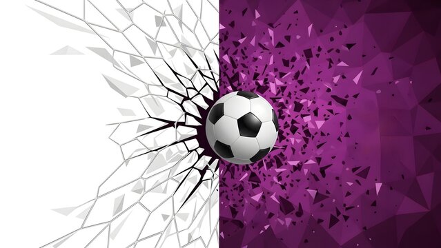 A dynamic soccer ball forcefully breaking through a textured wall, shattering it into contrasting white and vibrant purple geometric fragments, illustrating powerful impact.